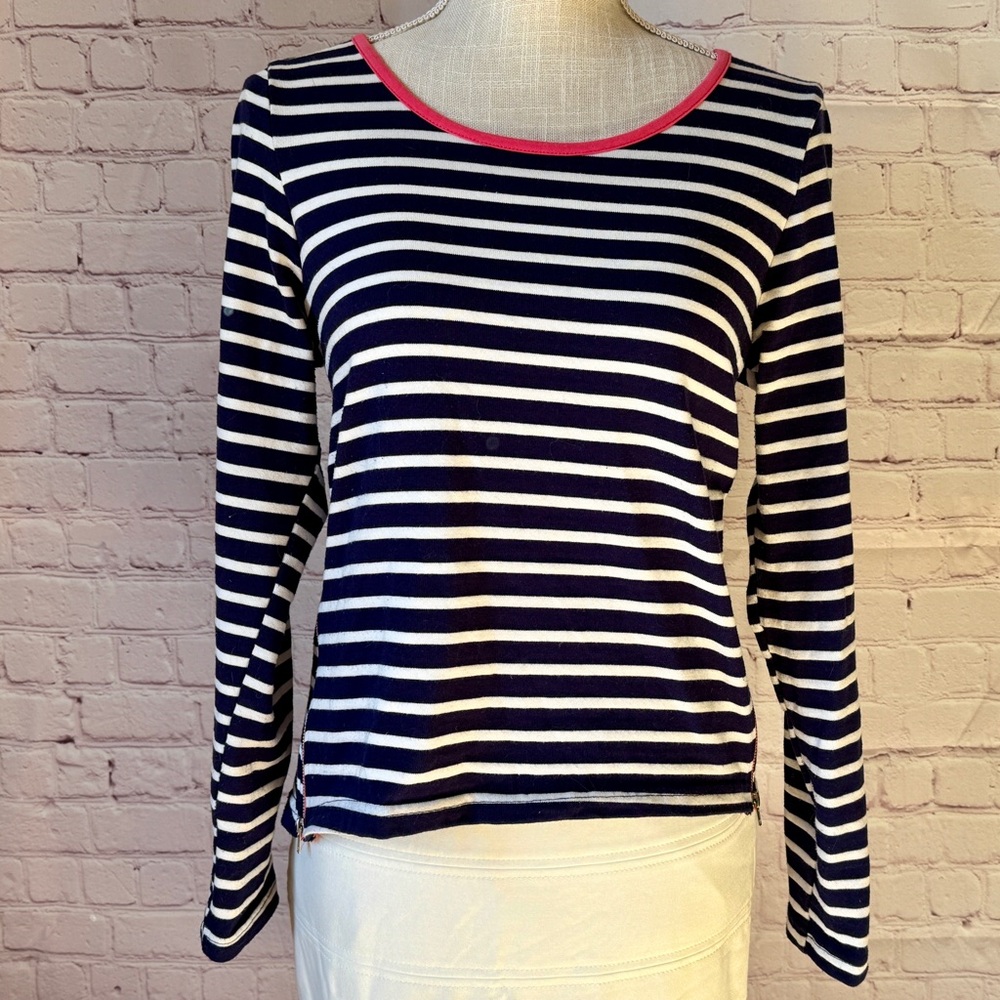 ANTHROPOLOGIE Lili's Closet Long sleeve Shirt Stripe Navy White Pink Piping 4 S - Picture 4 of 12